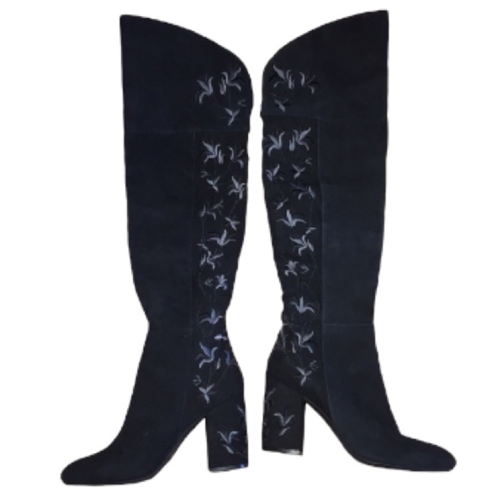 Sexy Knee High Boots Black Flower Embroidery Claire Womens Size 8.5 - Picture 4 of 16